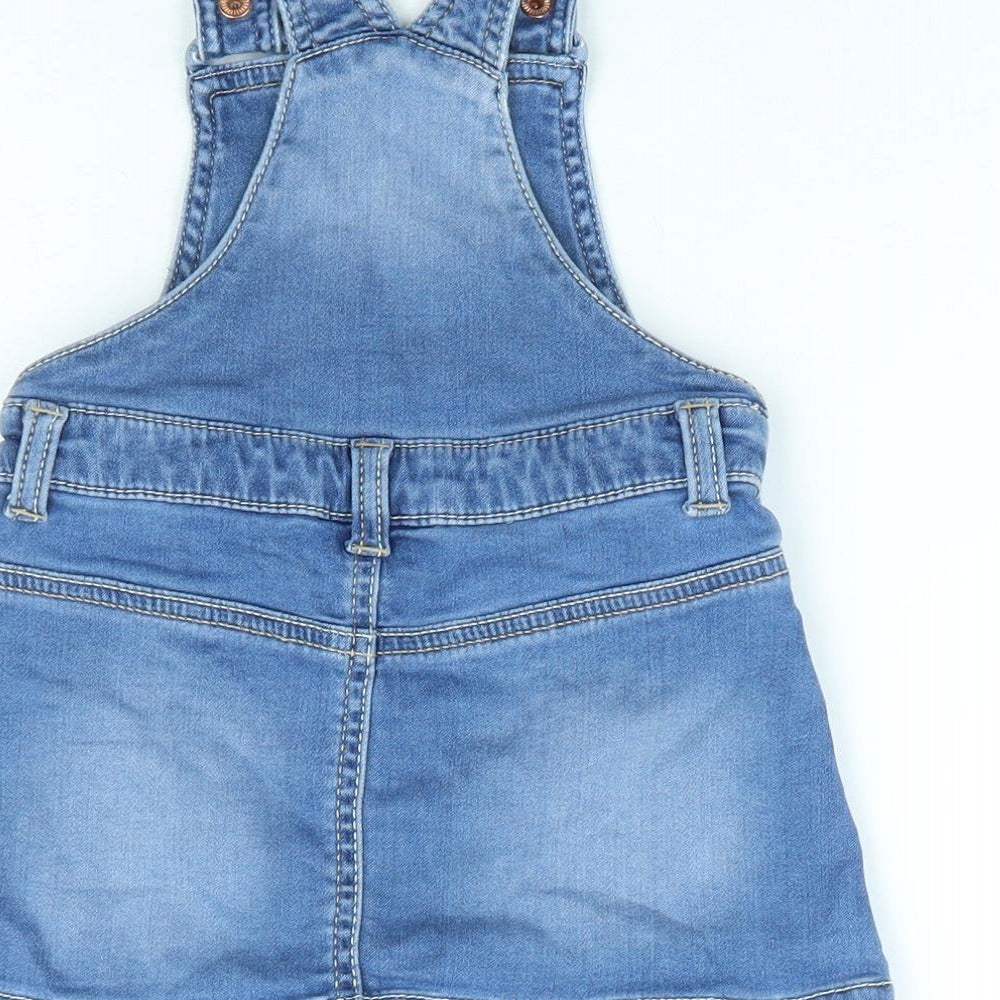 F&F Girls Blue Cotton Pinafore/Dungaree Dress Size 9-12 Months Square Neck Snap