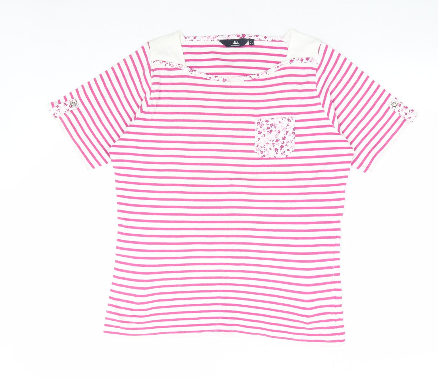 Isle Womens Pink Striped 100% Cotton Basic T-Shirt Size 14 Square Neck