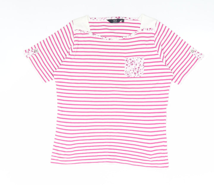 Isle Womens Pink Striped 100% Cotton Basic T-Shirt Size 14 Square Neck