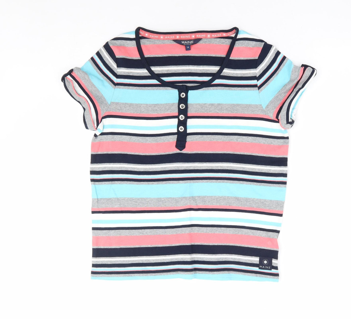 Maine Womens Multicoloured Striped 100% Cotton Basic T-Shirt Size 14 Henley