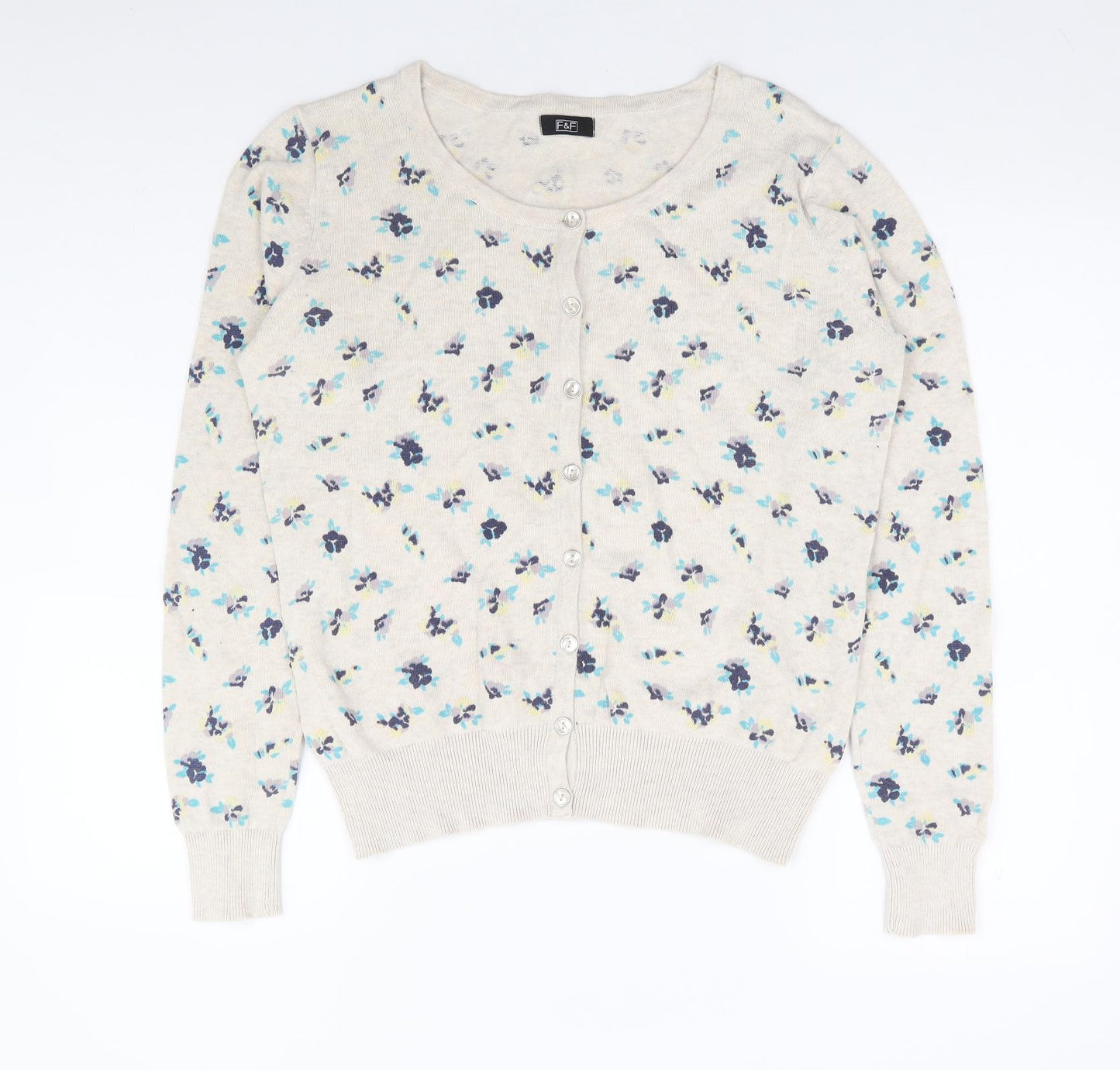 F^F Womens Beige Round Neck Floral Polyester Cardigan Jumper Size M