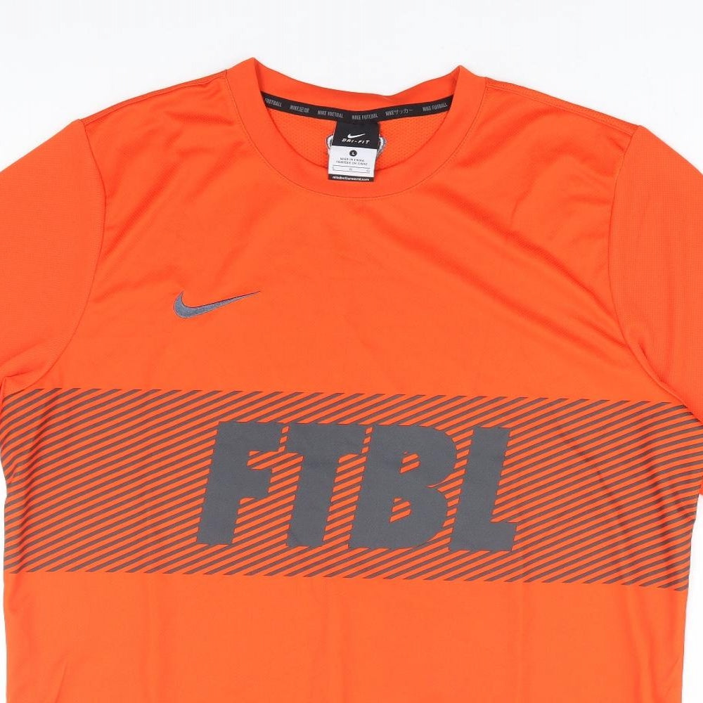 Nike Mens Orange Polyester Basic T-Shirt Size L Round Neck Pullover - Football