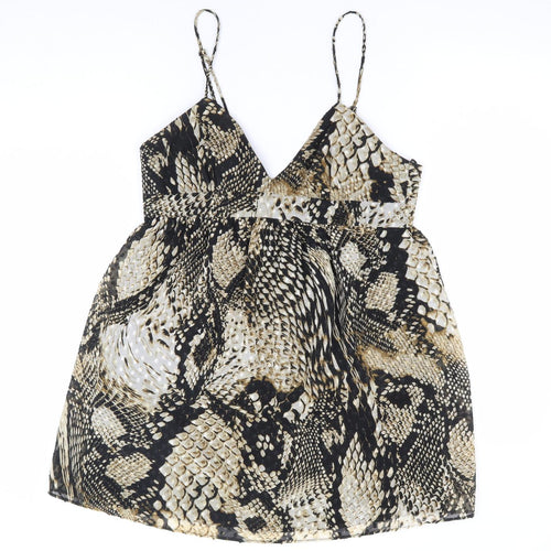 Zara Womens Beige Animal Print Polyester Fit & Flare Size XS V-Neck Tie - Snake Skin Print Babydoll