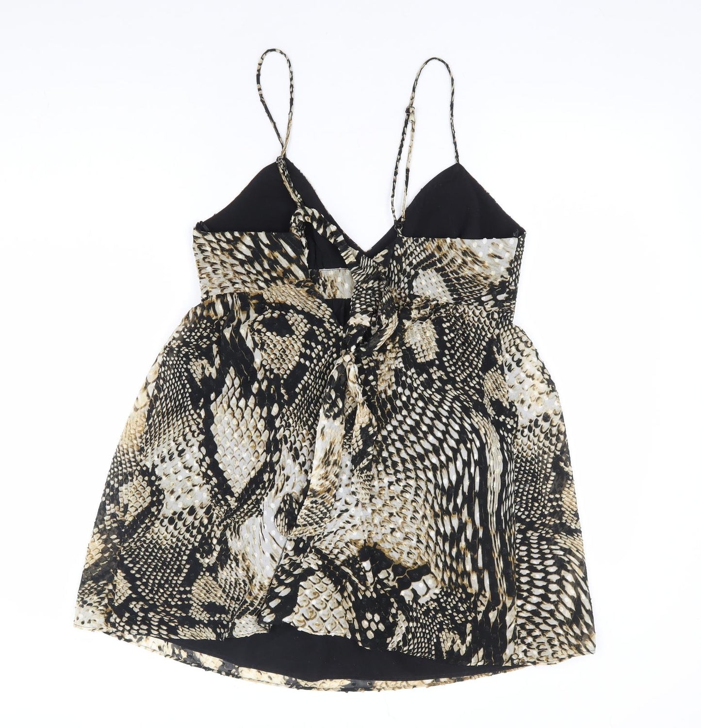 Zara Womens Beige Animal Print Polyester Fit & Flare Size XS V-Neck Tie - Snake Skin Print Babydoll