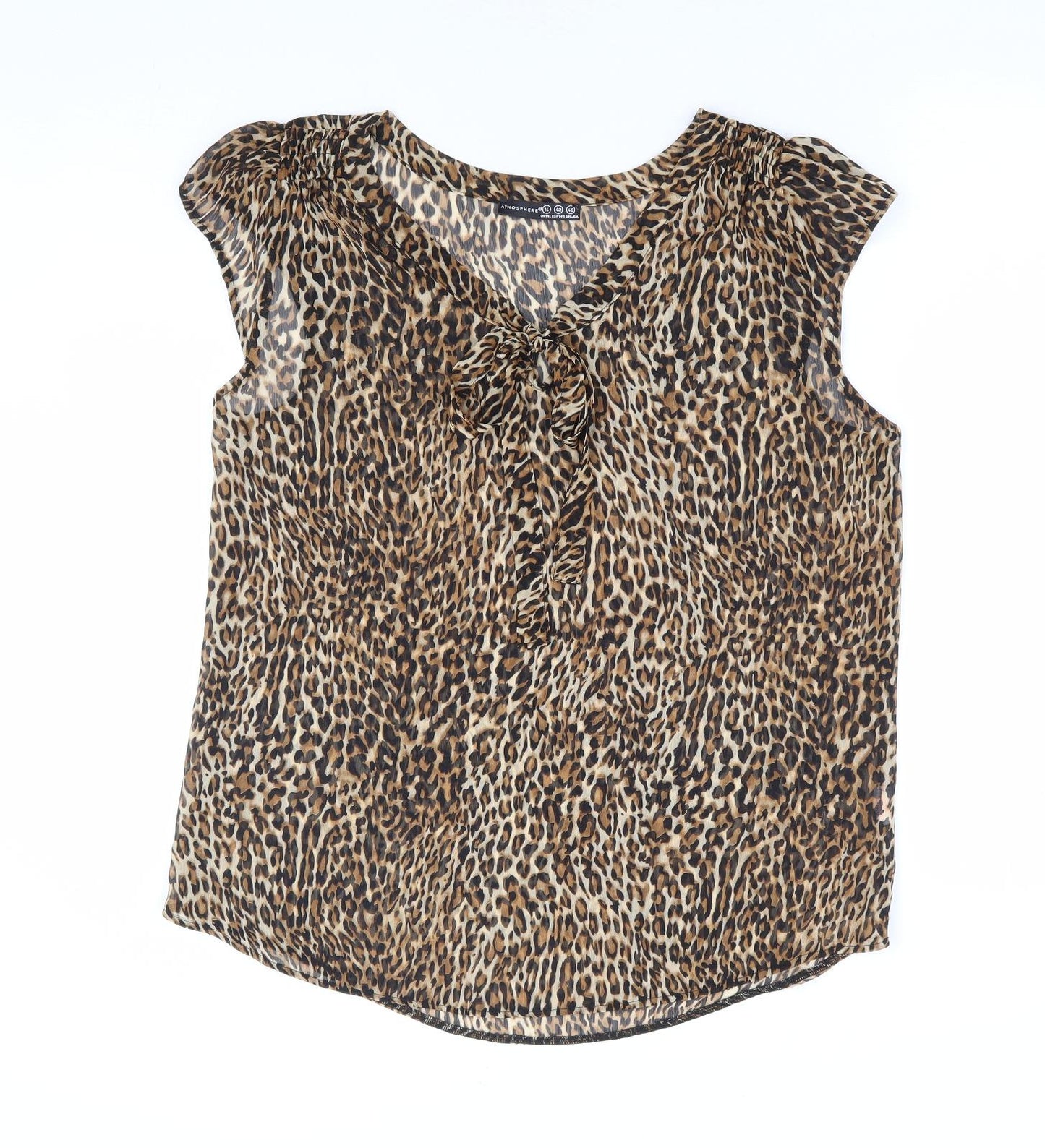 Primark Womens Brown Animal Print Polyester Basic Blouse Size 14 V-Neck - Pussy Bow Neck