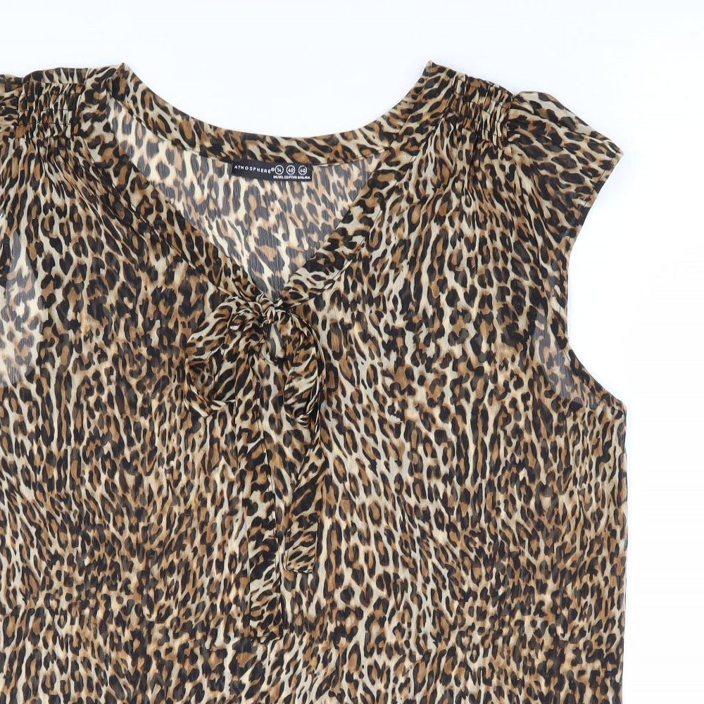 Primark Womens Brown Animal Print Polyester Basic Blouse Size 14 V-Neck - Pussy Bow Neck