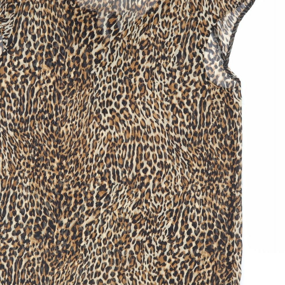 Primark Womens Brown Animal Print Polyester Basic Blouse Size 14 V-Neck - Pussy Bow Neck