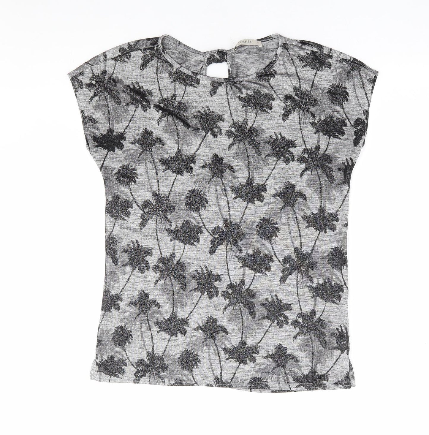 Oasis Womens Grey Floral Polyester Basic T-Shirt Size XS Round Neck - Palm Tree Print