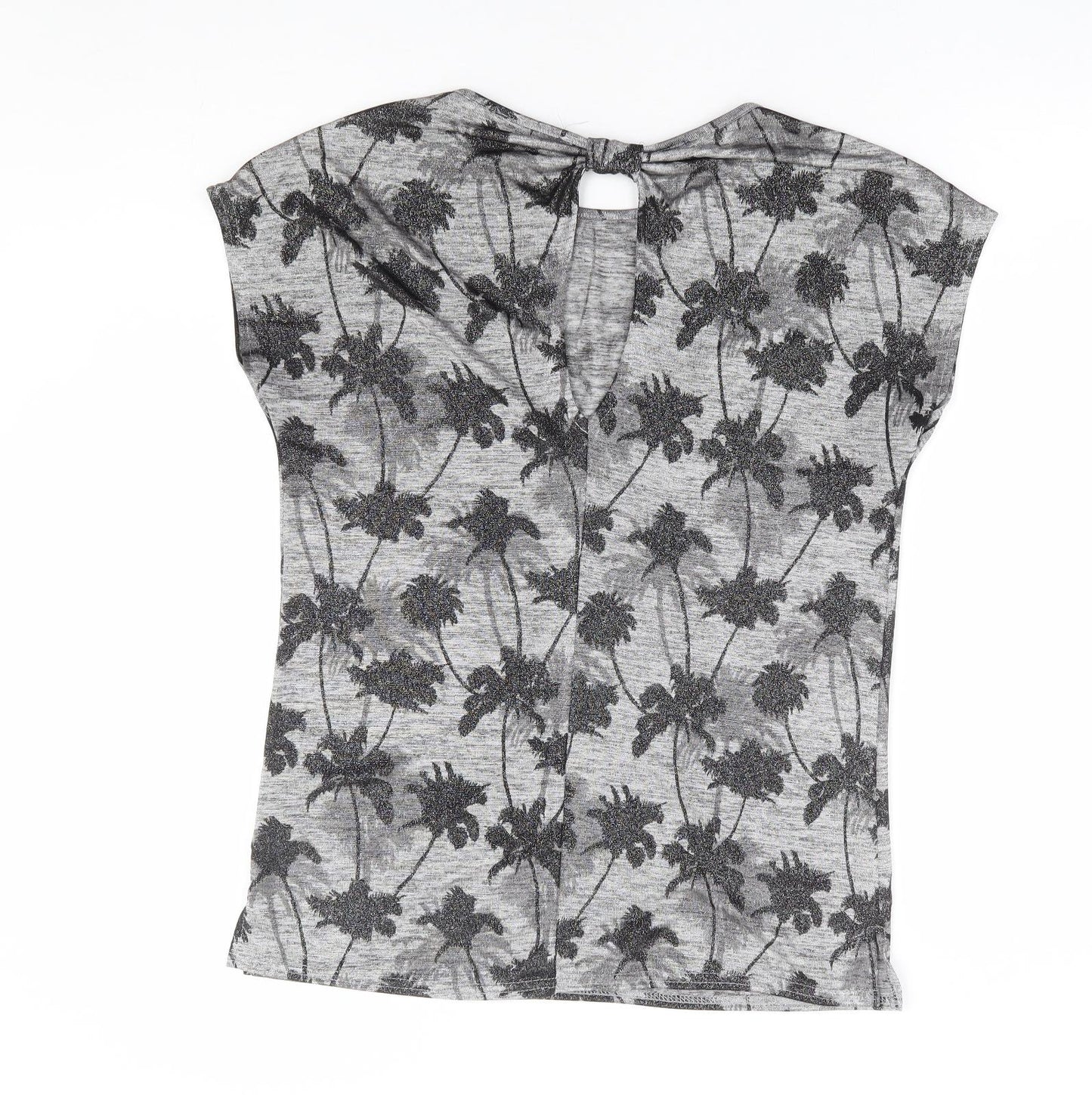 Oasis Womens Grey Floral Polyester Basic T-Shirt Size XS Round Neck - Palm Tree Print