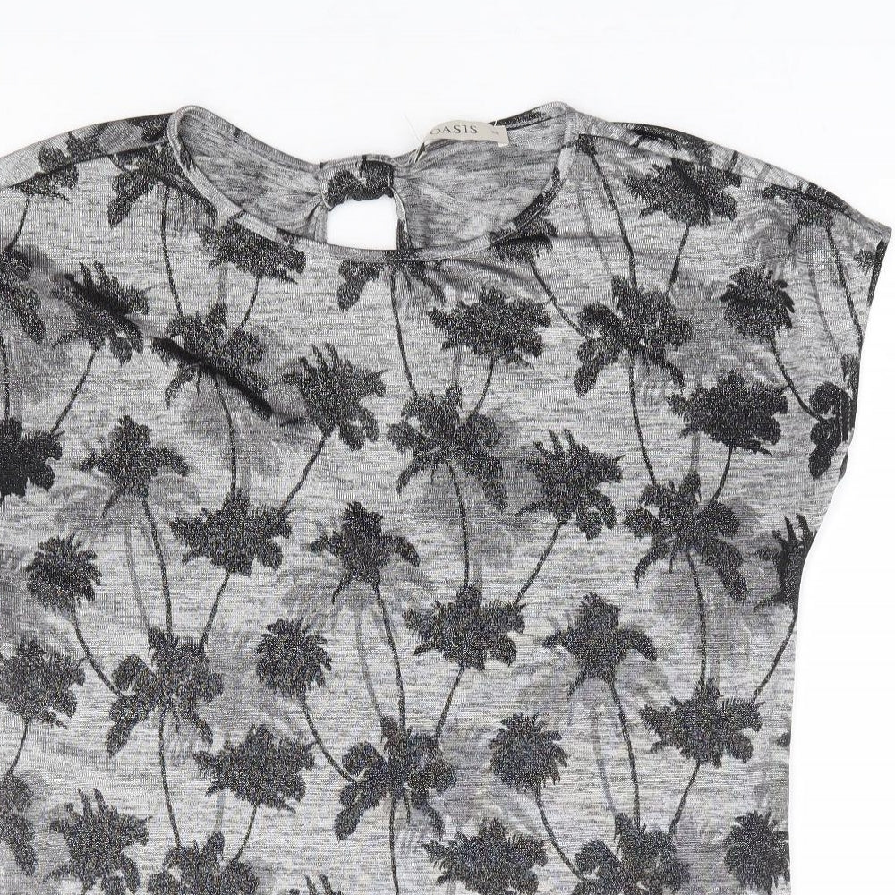 Oasis Womens Grey Floral Polyester Basic T-Shirt Size XS Round Neck - Palm Tree Print