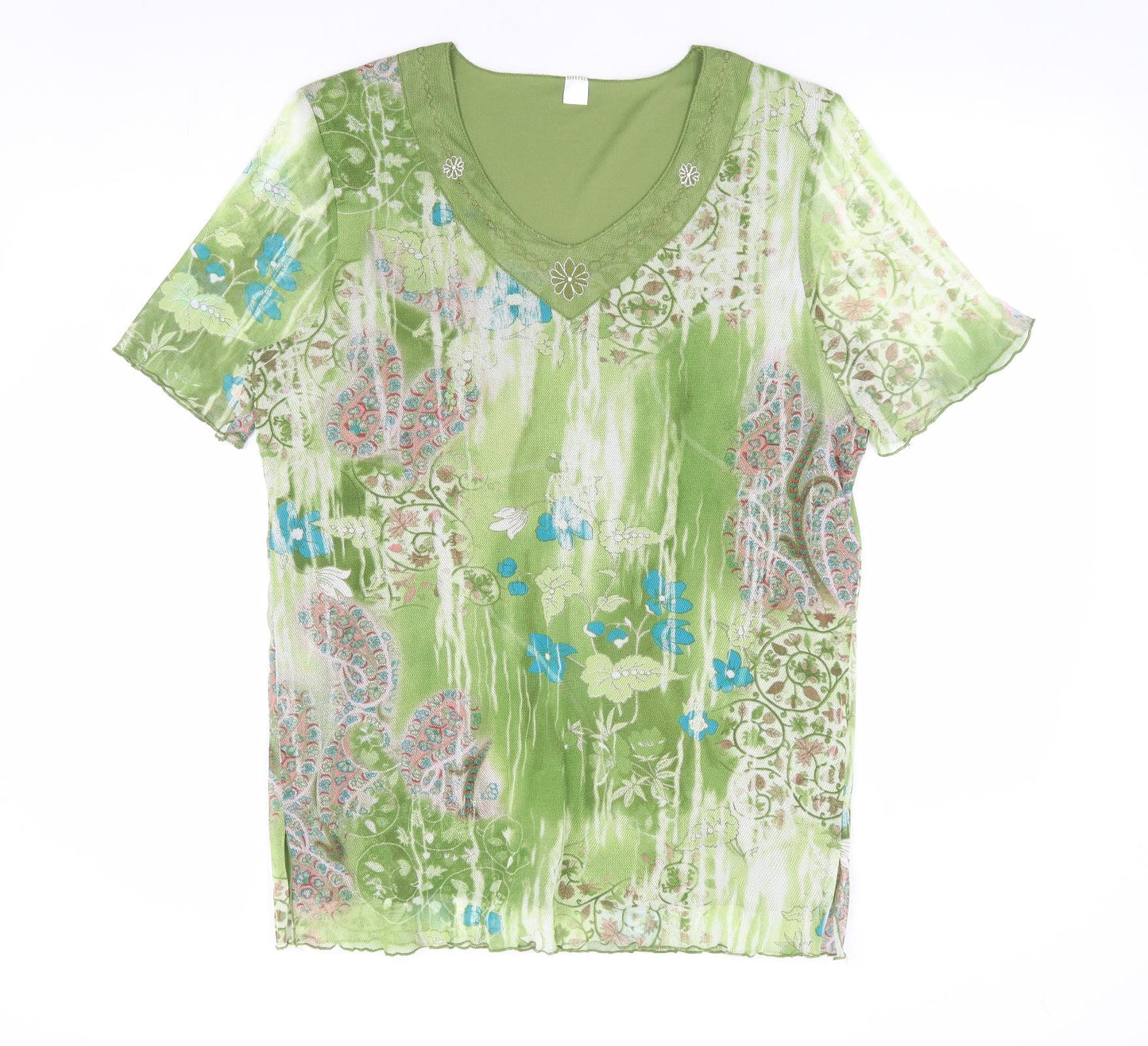 Preworn Womens Green Floral Polyester Basic Blouse Size L V-Neck