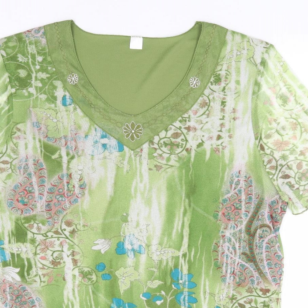 Preworn Womens Green Floral Polyester Basic Blouse Size L V-Neck