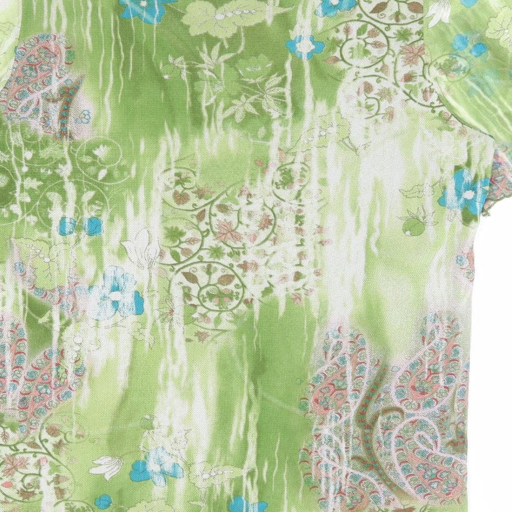 Preworn Womens Green Floral Polyester Basic Blouse Size L V-Neck