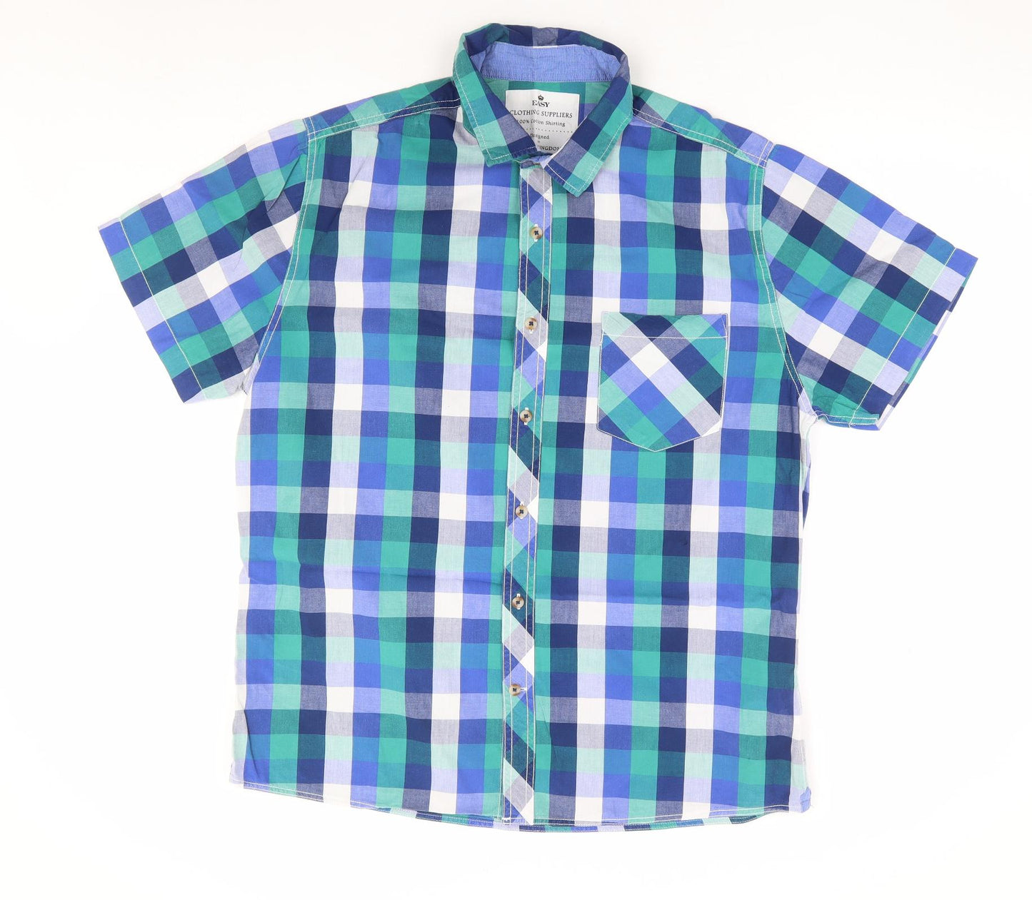 Matalan Mens Blue Check Cotton Button-Up Size L Collared Button