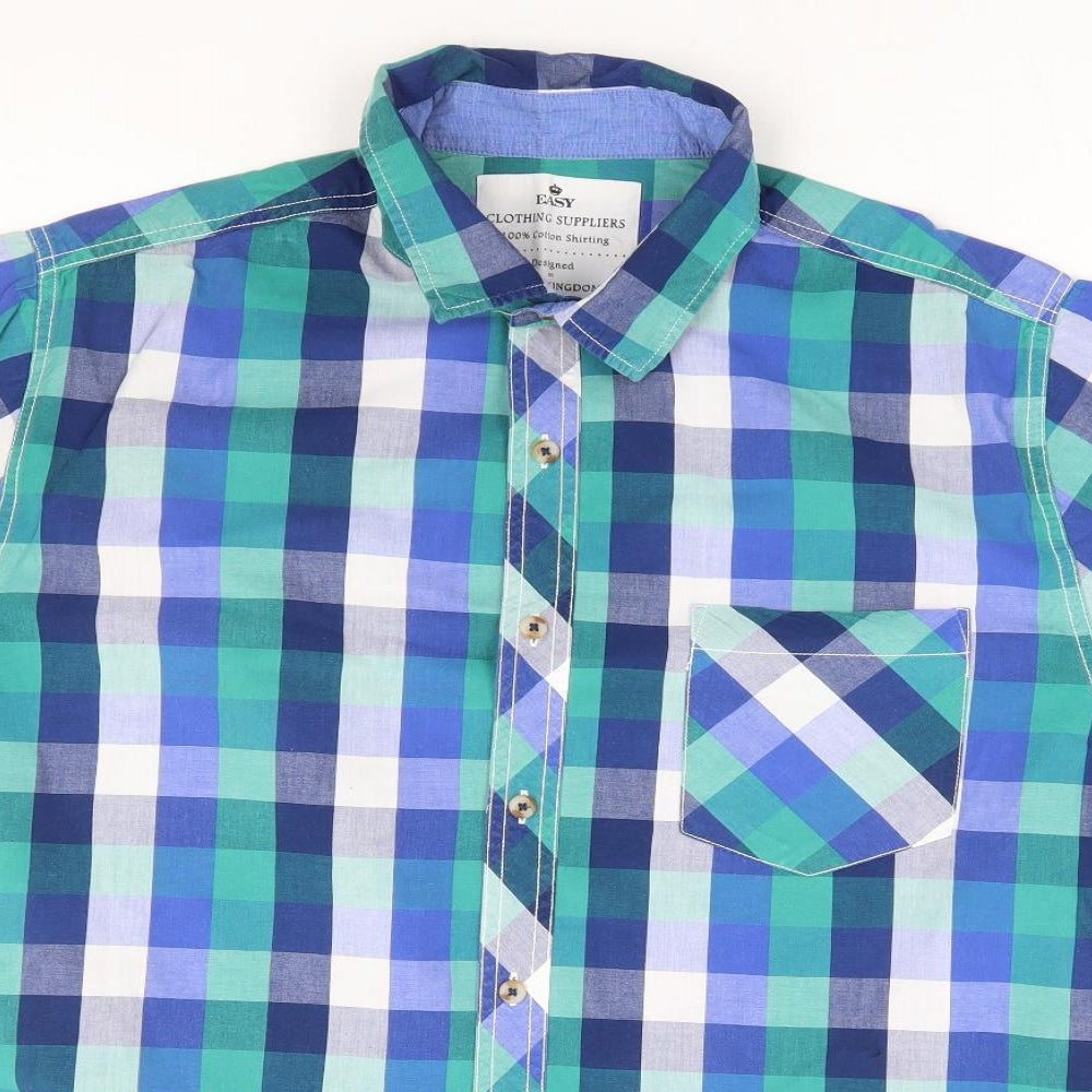Matalan Mens Blue Check Cotton Button-Up Size L Collared Button