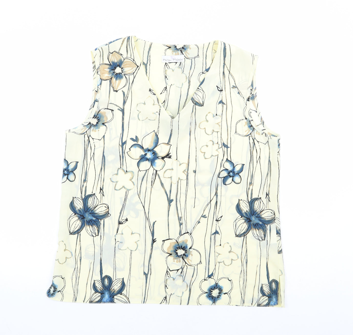 Design Dictates Womens Yellow Floral Polyester Basic Blouse Size 14 V-Neck