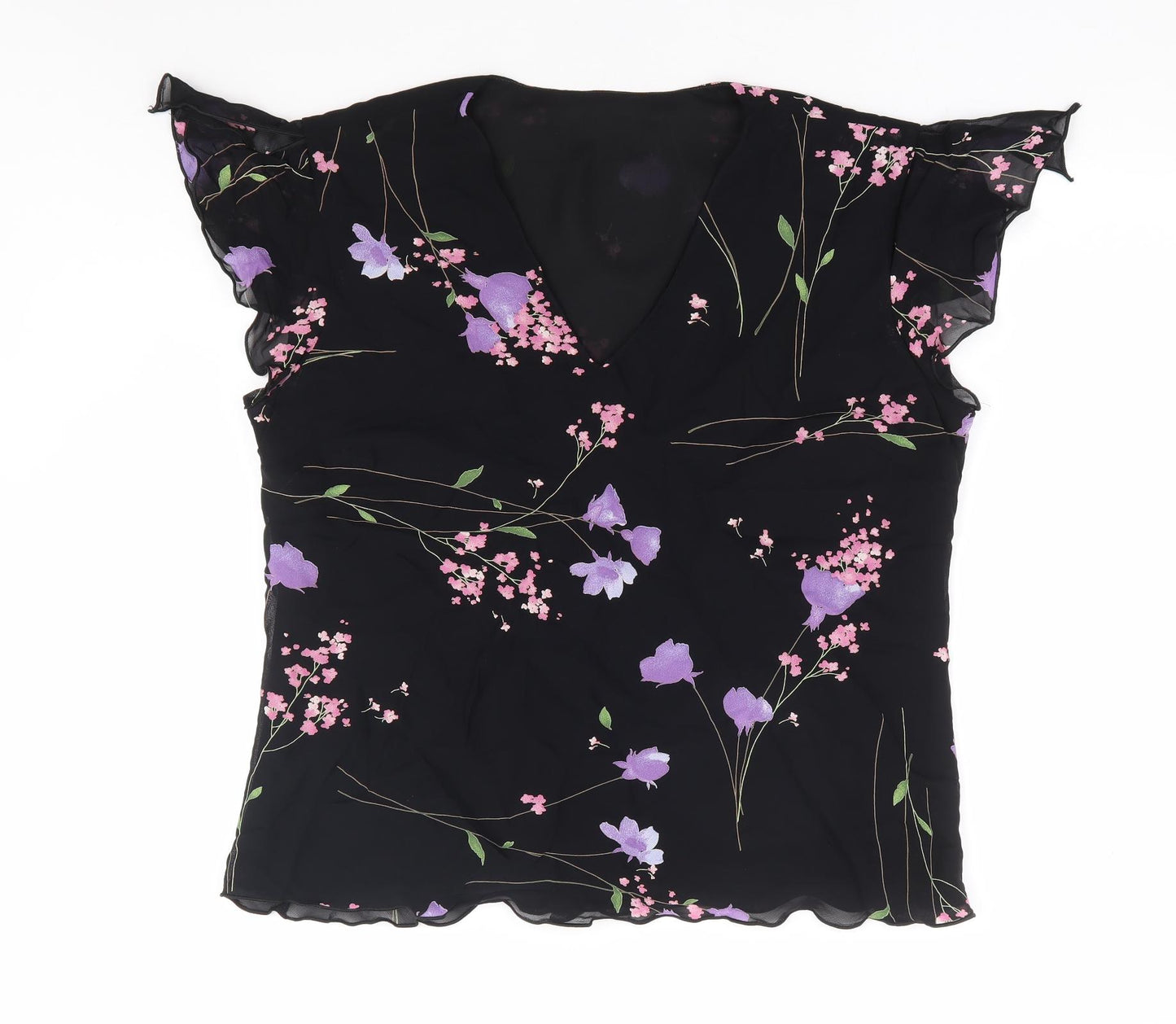 Preworn Womens Black Floral Polyester Basic Blouse Size M V-Neck