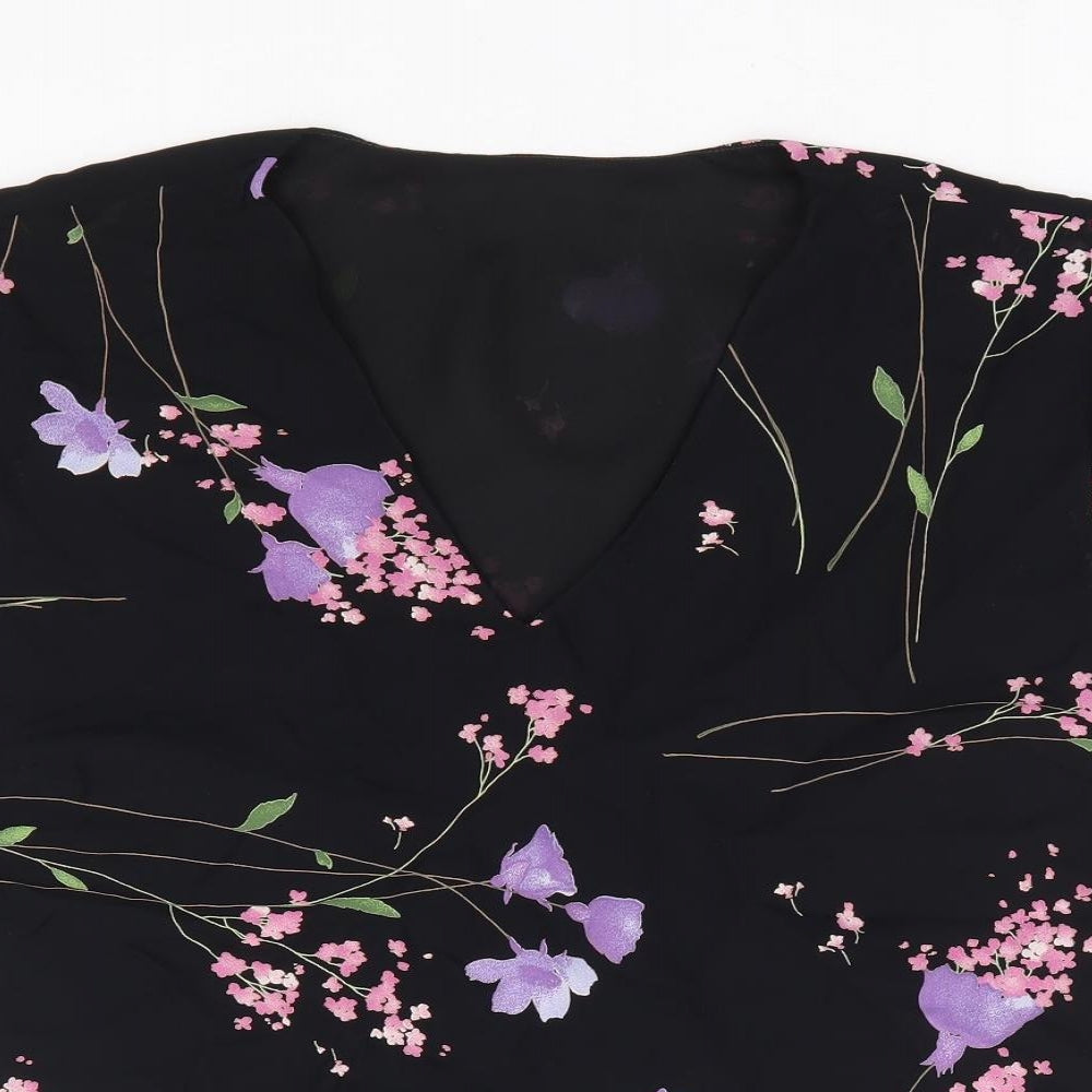 Preworn Womens Black Floral Polyester Basic Blouse Size M V-Neck