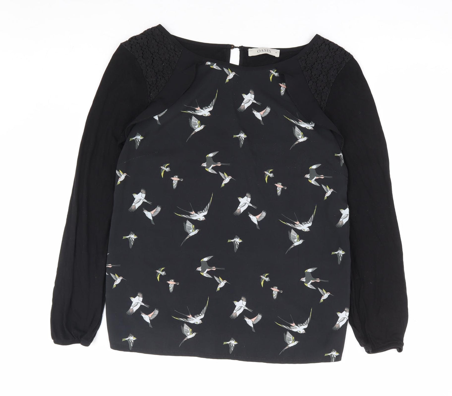 Oasis Womens Black Geometric Polyester Jersey Blouse Size M Round Neck - Bird Print