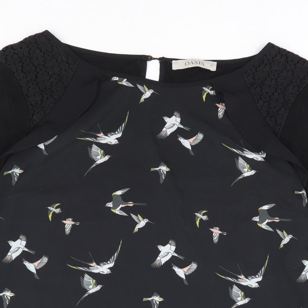 Oasis Womens Black Geometric Polyester Jersey Blouse Size M Round Neck - Bird Print