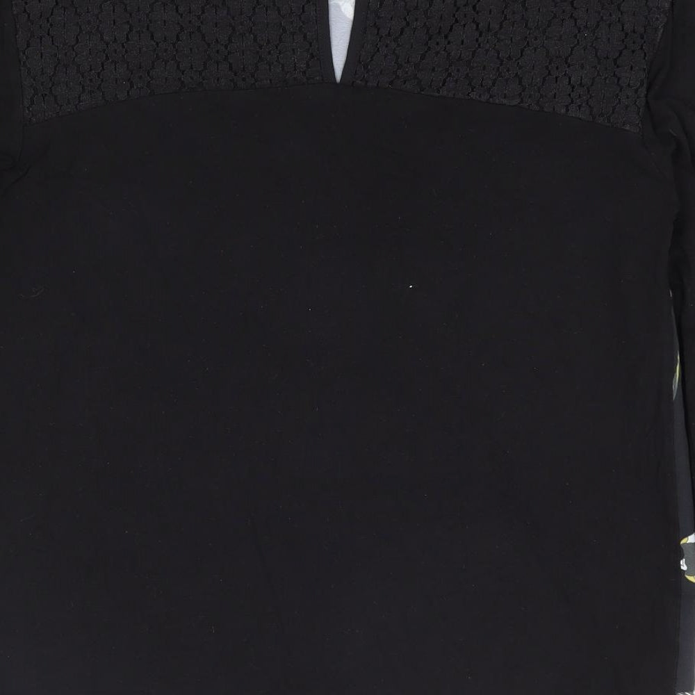 Oasis Womens Black Geometric Polyester Jersey Blouse Size M Round Neck - Bird Print