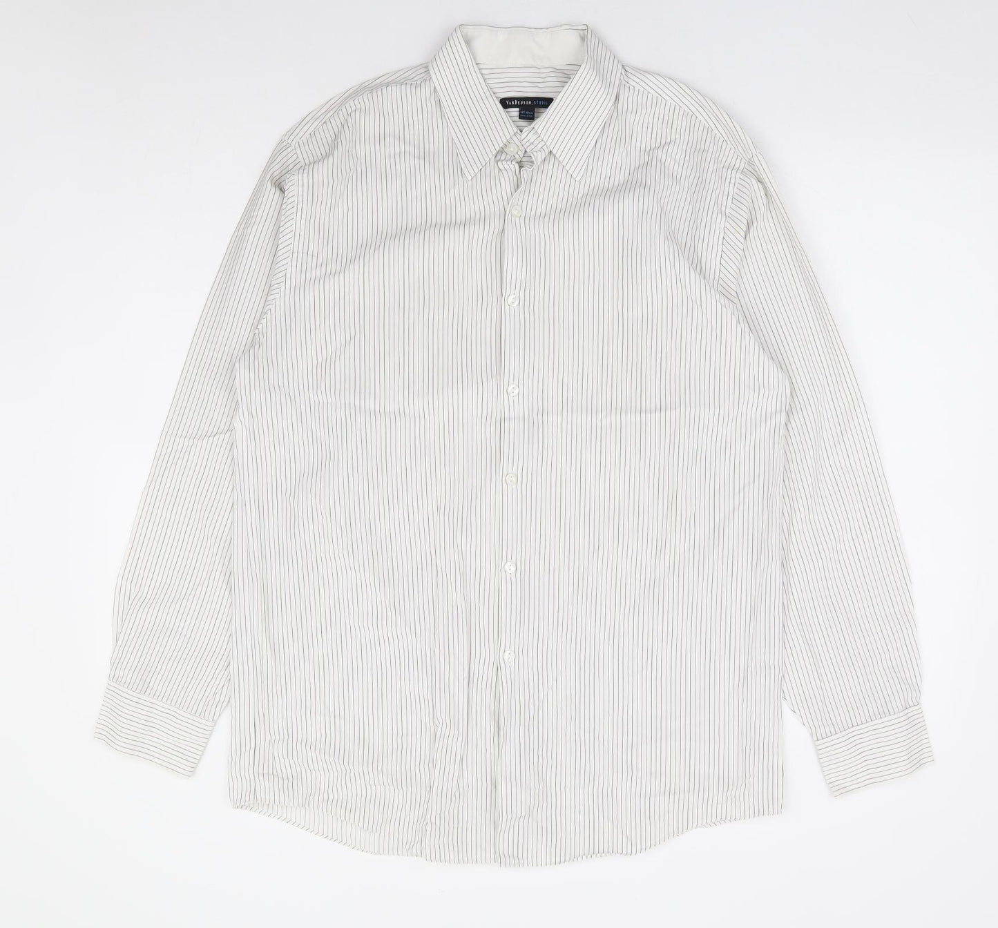 Van Heusen Mens White Striped Polyester Dress Shirt Size 16 Collared Button