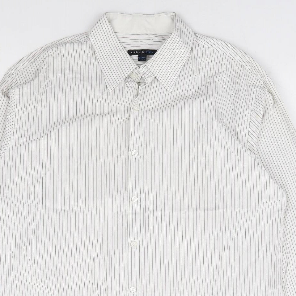 Van Heusen Mens White Striped Polyester Dress Shirt Size 16 Collared Button