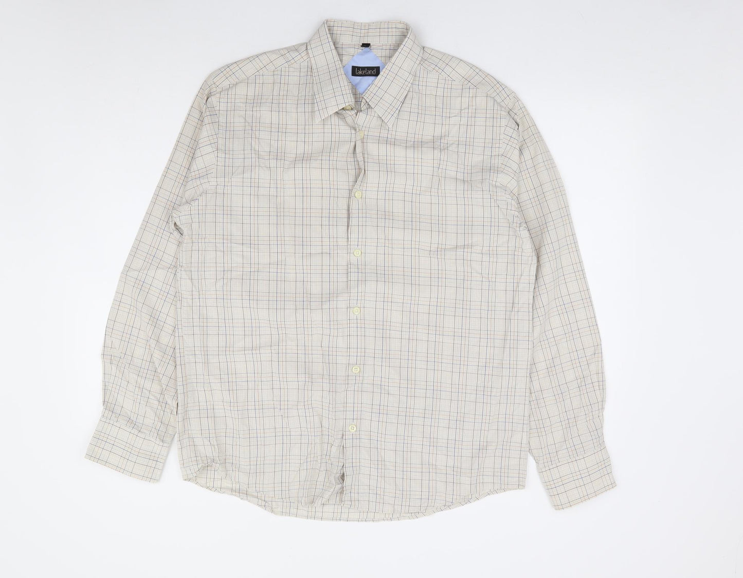 Lakeland Mens Beige Check Cotton Dress Shirt Size L Collared Button