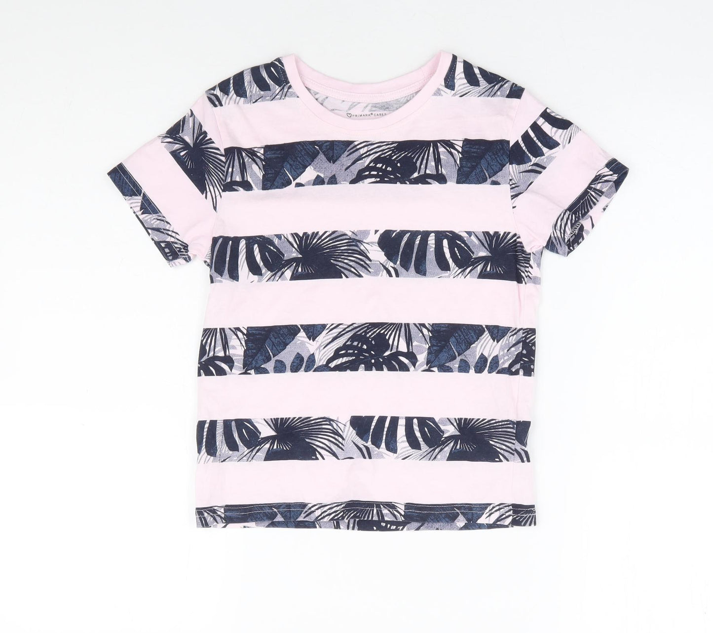 Primark Boys Pink Striped 100% Cotton Basic T-Shirt Size 6-7 Years Round Neck Pullover