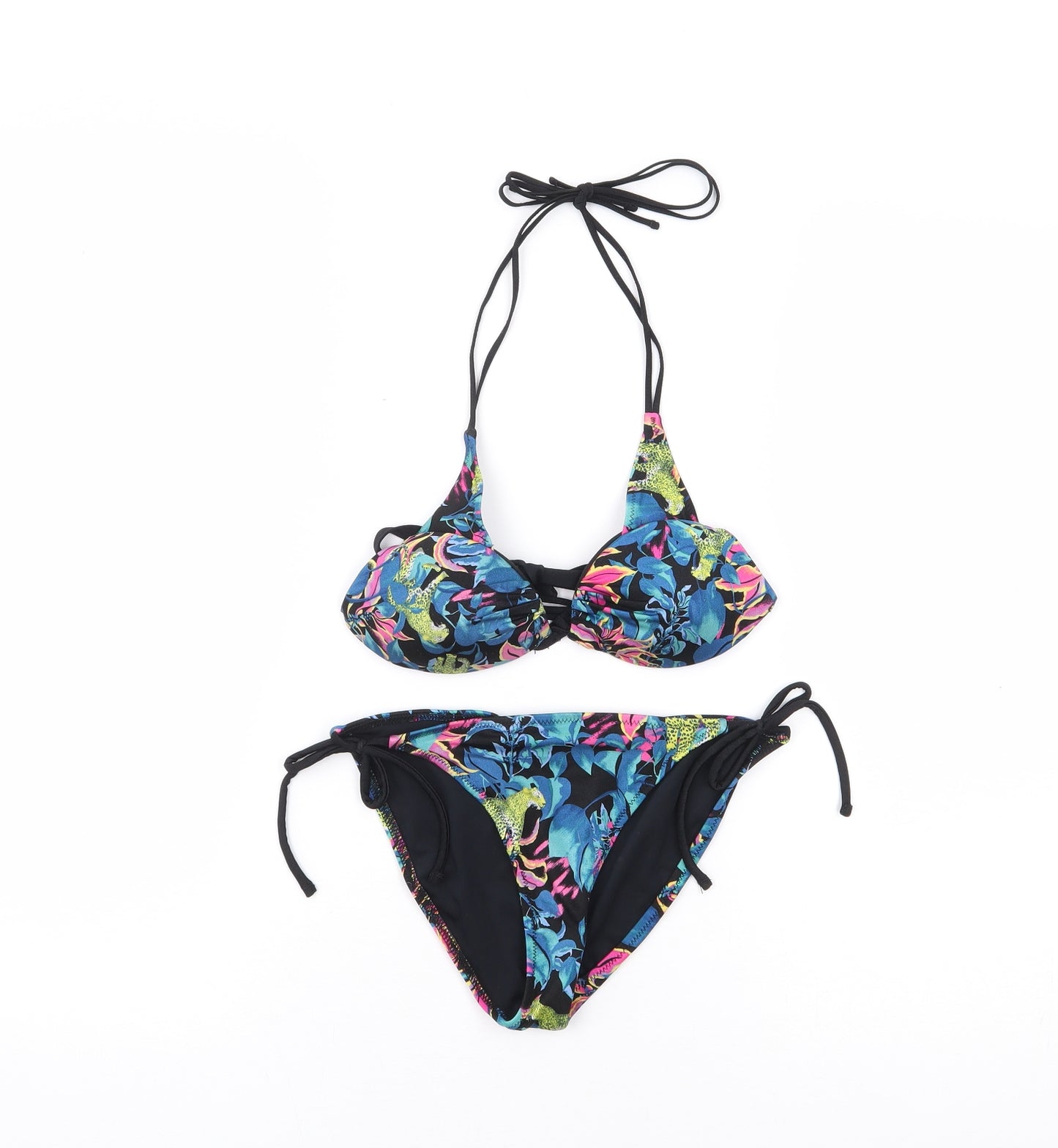 Topshop Womens Black Geometric Polyamide Bikini Size 6 - Leopard, Side Tie Briefs, Halter