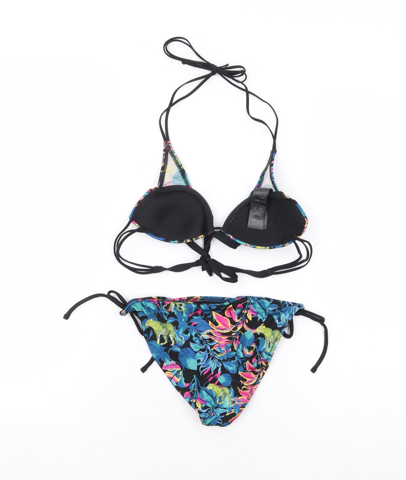 Topshop Womens Black Geometric Polyamide Bikini Size 6 - Leopard, Side Tie Briefs, Halter