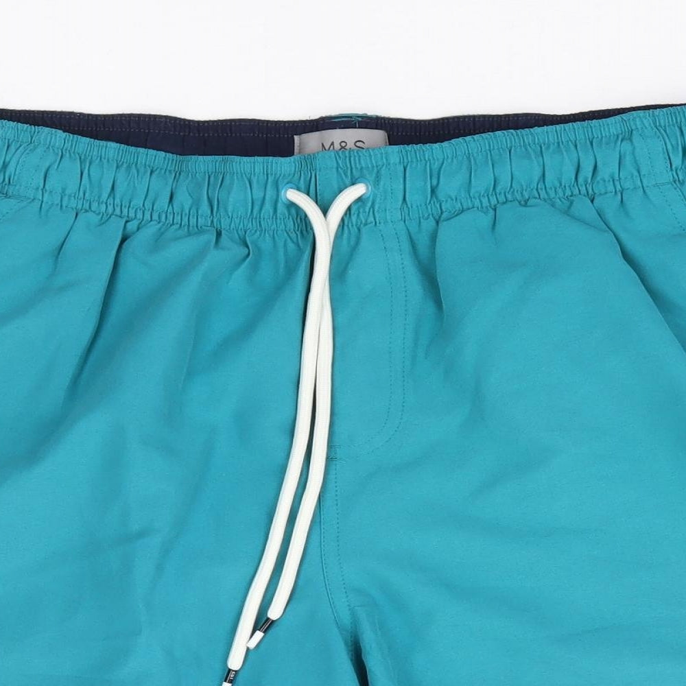 Marks and Spencer Mens Green Polyester Sweat Shorts Size M L8 in Regular Drawstring - Swim Short