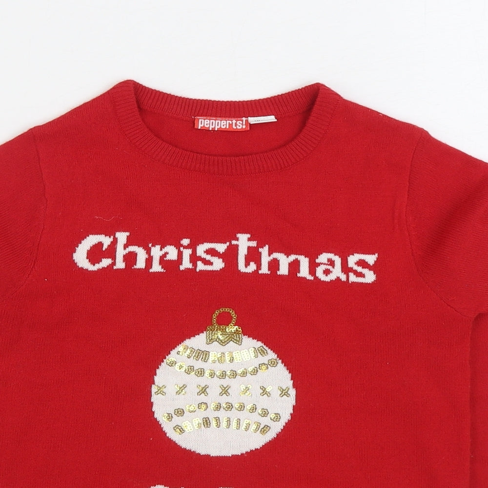Pepperts Girls Red Round Neck Polyester Pullover Jumper Size 9-10 Years Pullover - Christmas