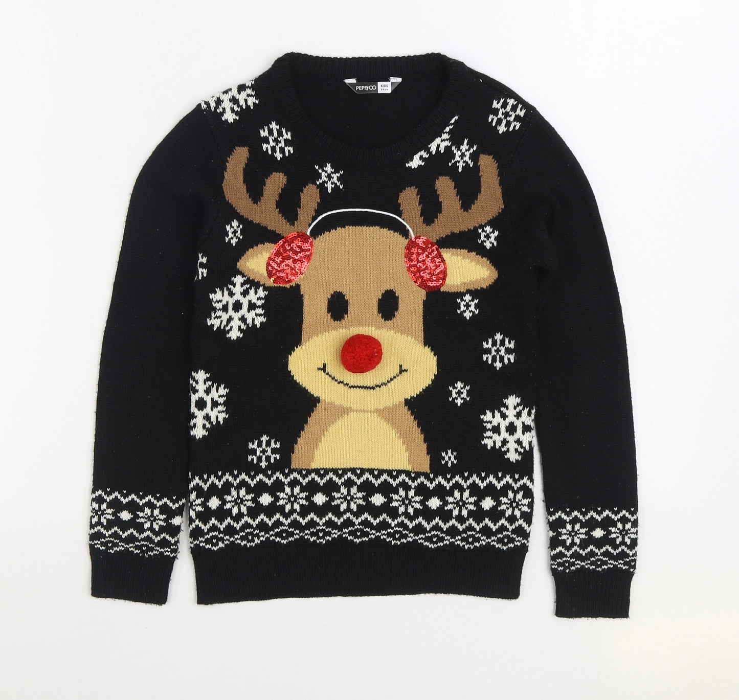 PEP&CO Girls Black Round Neck Acrylic Pullover Jumper Size 5-6 Years Pullover - Christmas Reindeer