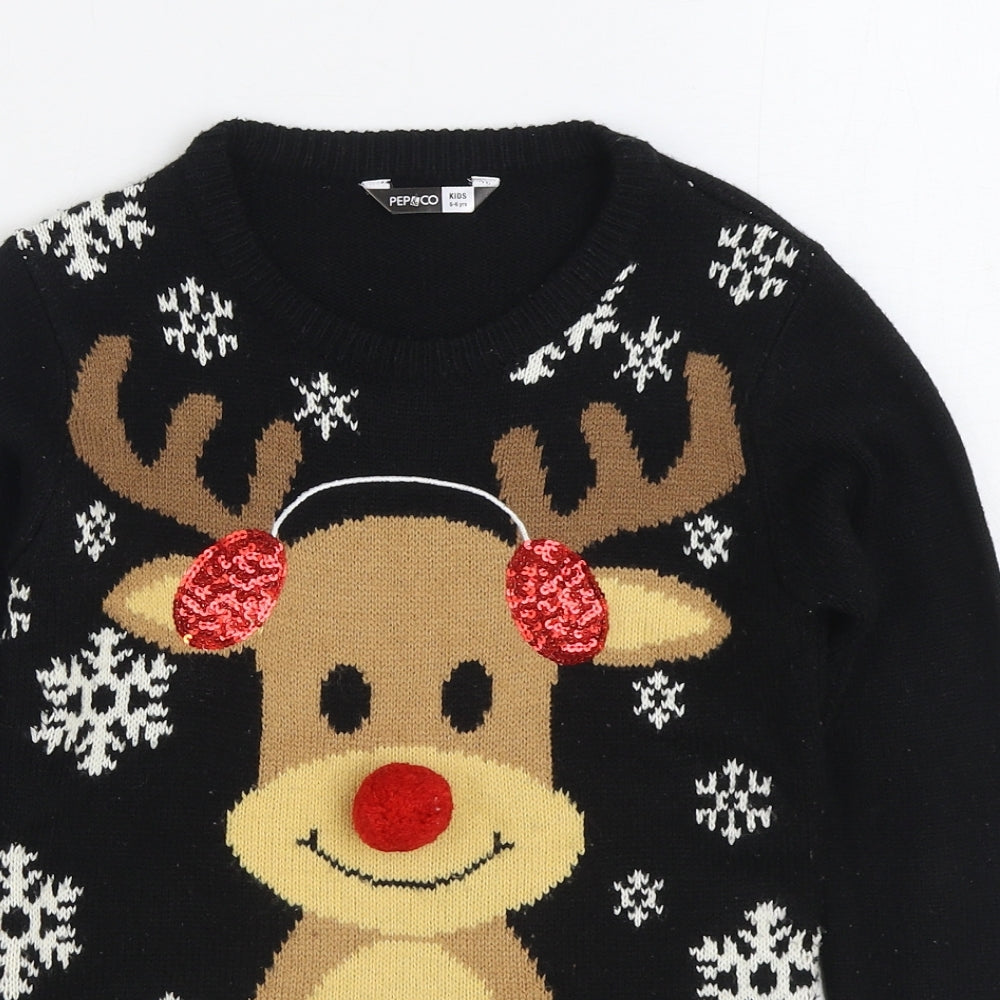 PEP&CO Girls Black Round Neck Acrylic Pullover Jumper Size 5-6 Years Pullover - Christmas Reindeer