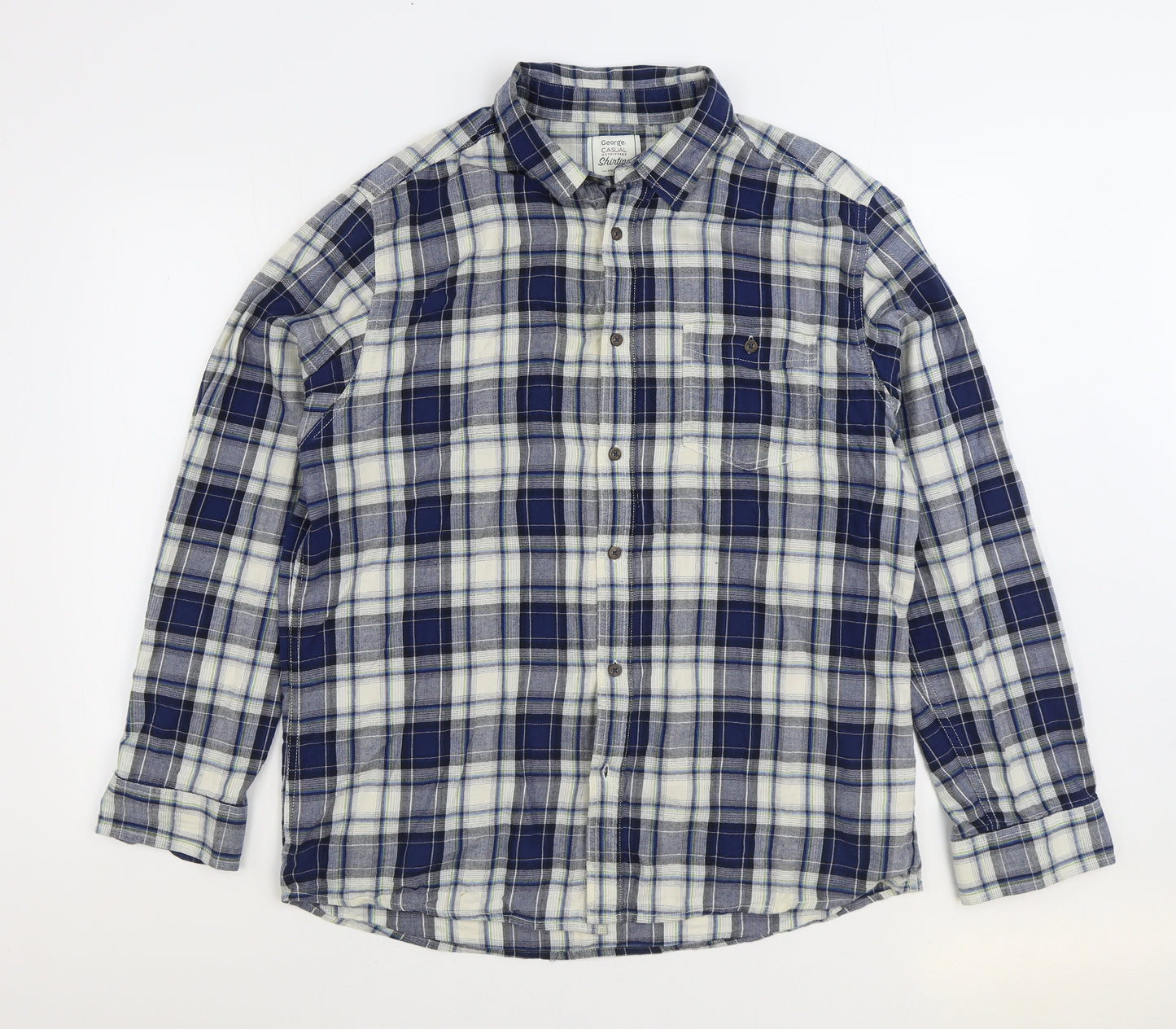 George Mens Blue Plaid Cotton Button-Up Size L Collared Button