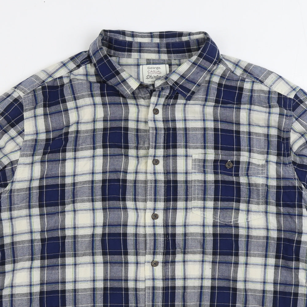 George Mens Blue Plaid Cotton Button-Up Size L Collared Button