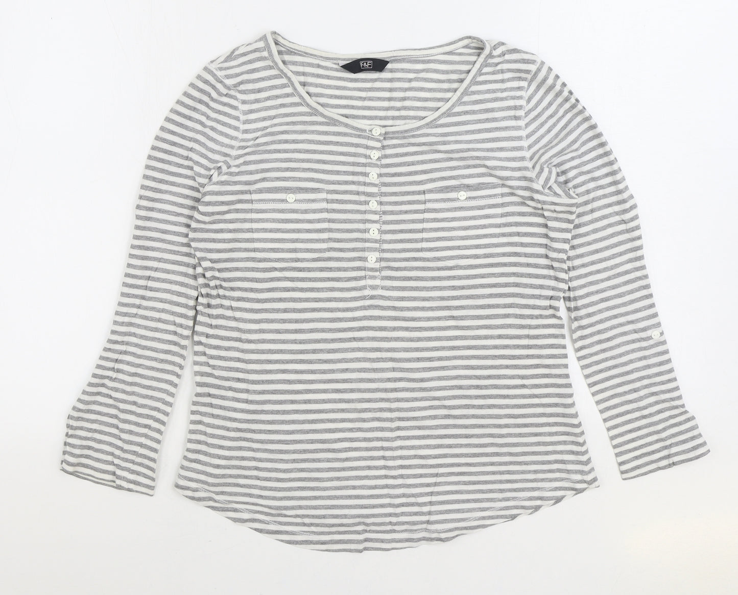 F&F Womens Grey Striped Cotton Basic T-Shirt Size 10 Henley