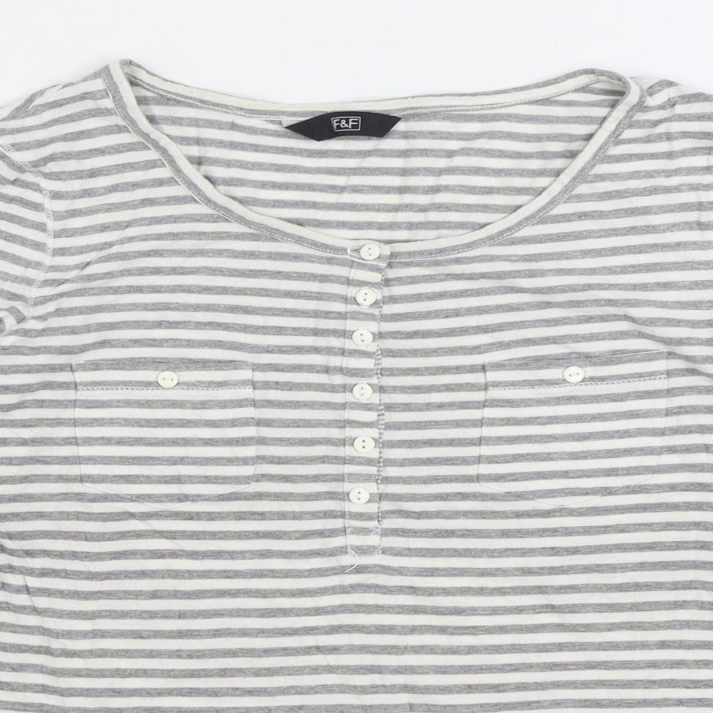 F&F Womens Grey Striped Cotton Basic T-Shirt Size 10 Henley