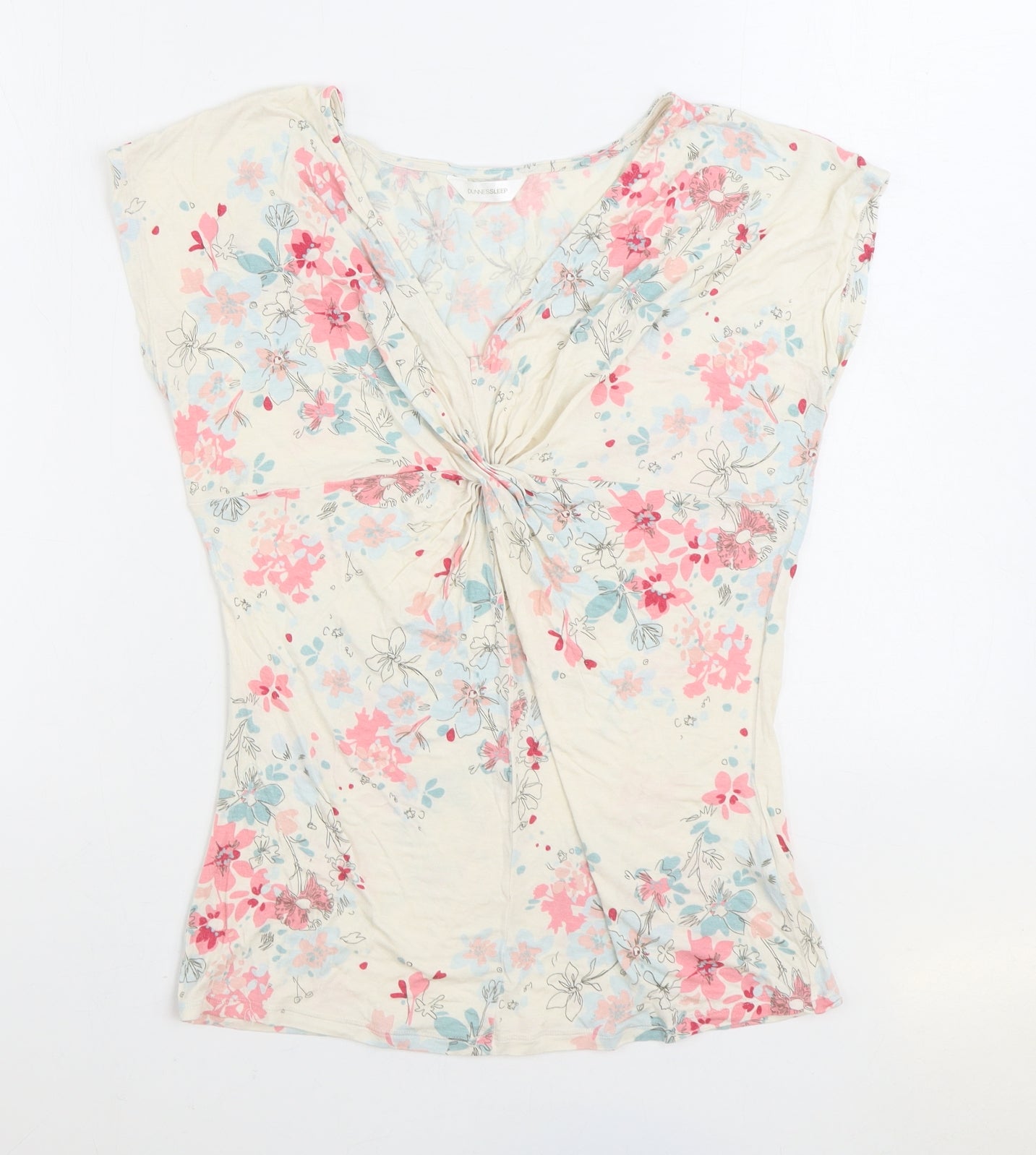 Dunnes Stores Womens Multicoloured Floral Viscose Basic T-Shirt Size 10 V-Neck - Knot Front