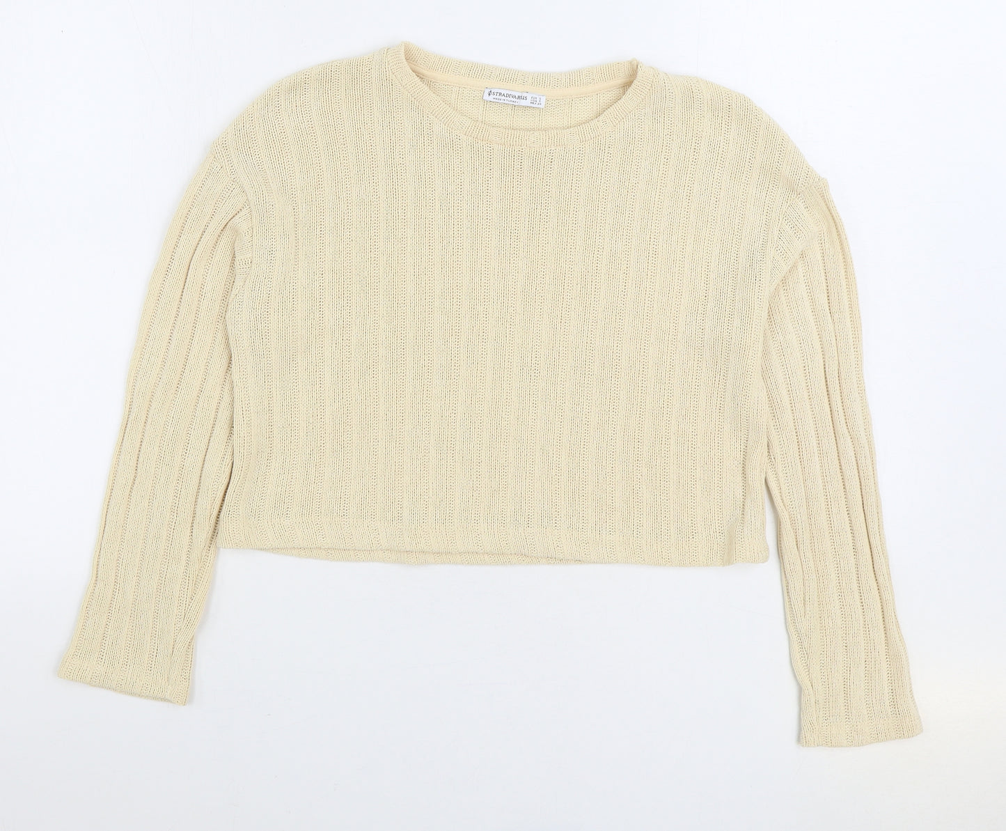 Stradivarius Womens Beige Round Neck 100% Cotton Pullover Jumper Size S - Cropped