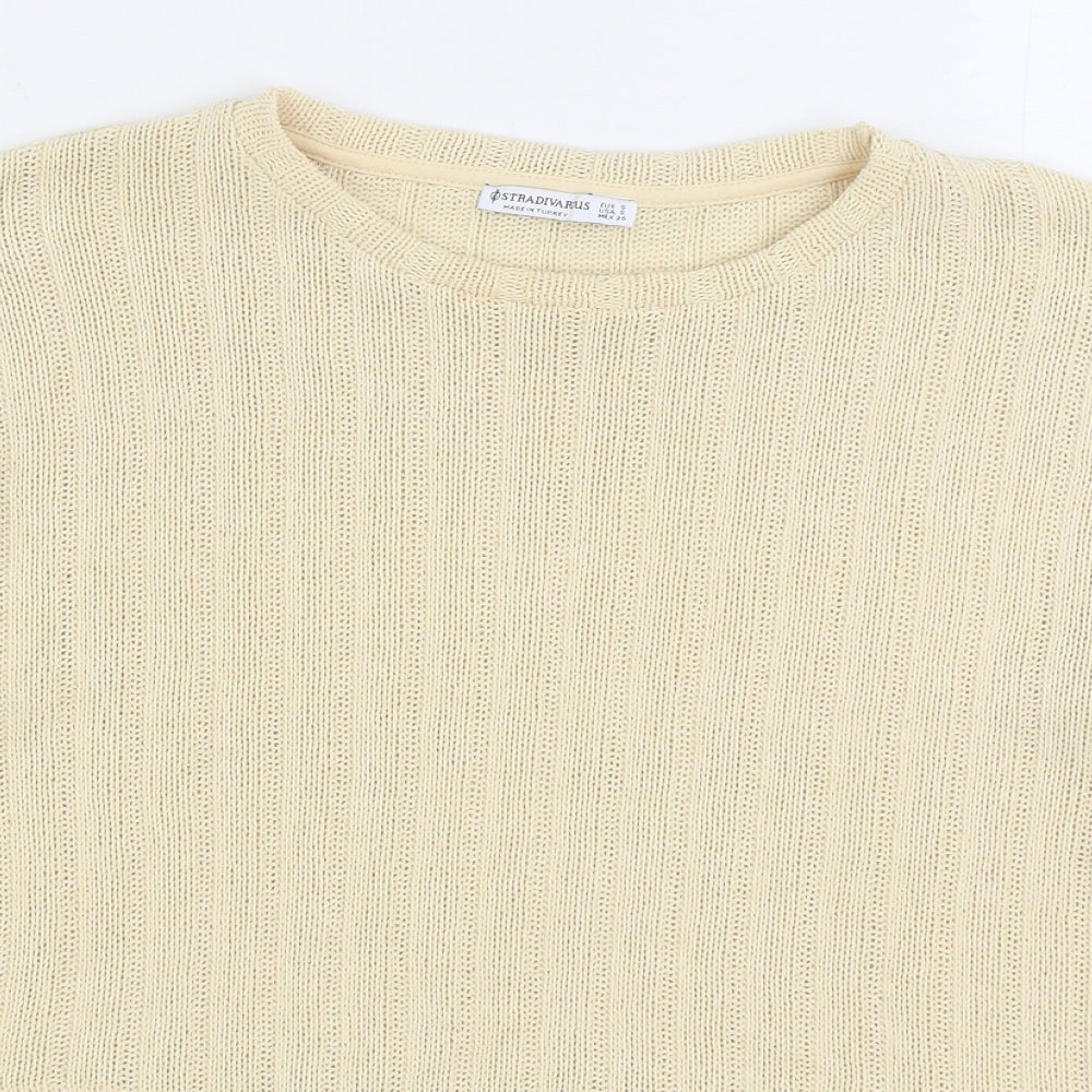 Stradivarius Womens Beige Round Neck 100% Cotton Pullover Jumper Size S - Cropped