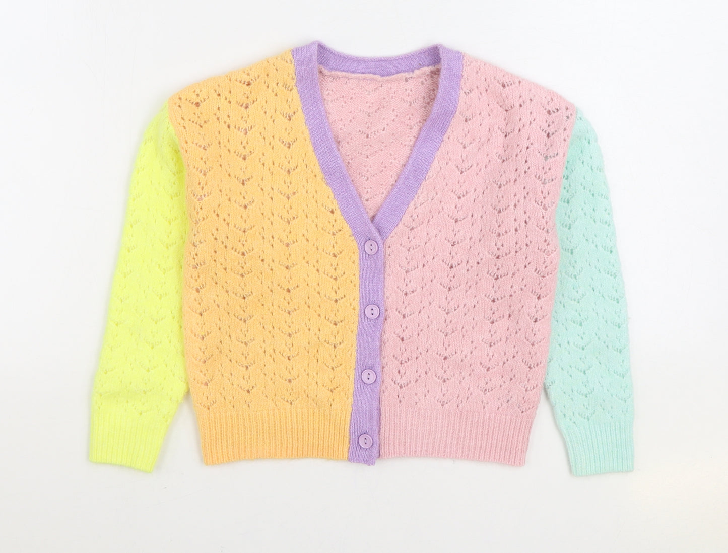 Dunnes Stores Girls Multicoloured V-Neck Colourblock Acrylic Cardigan Jumper Size 7-8 Years Button