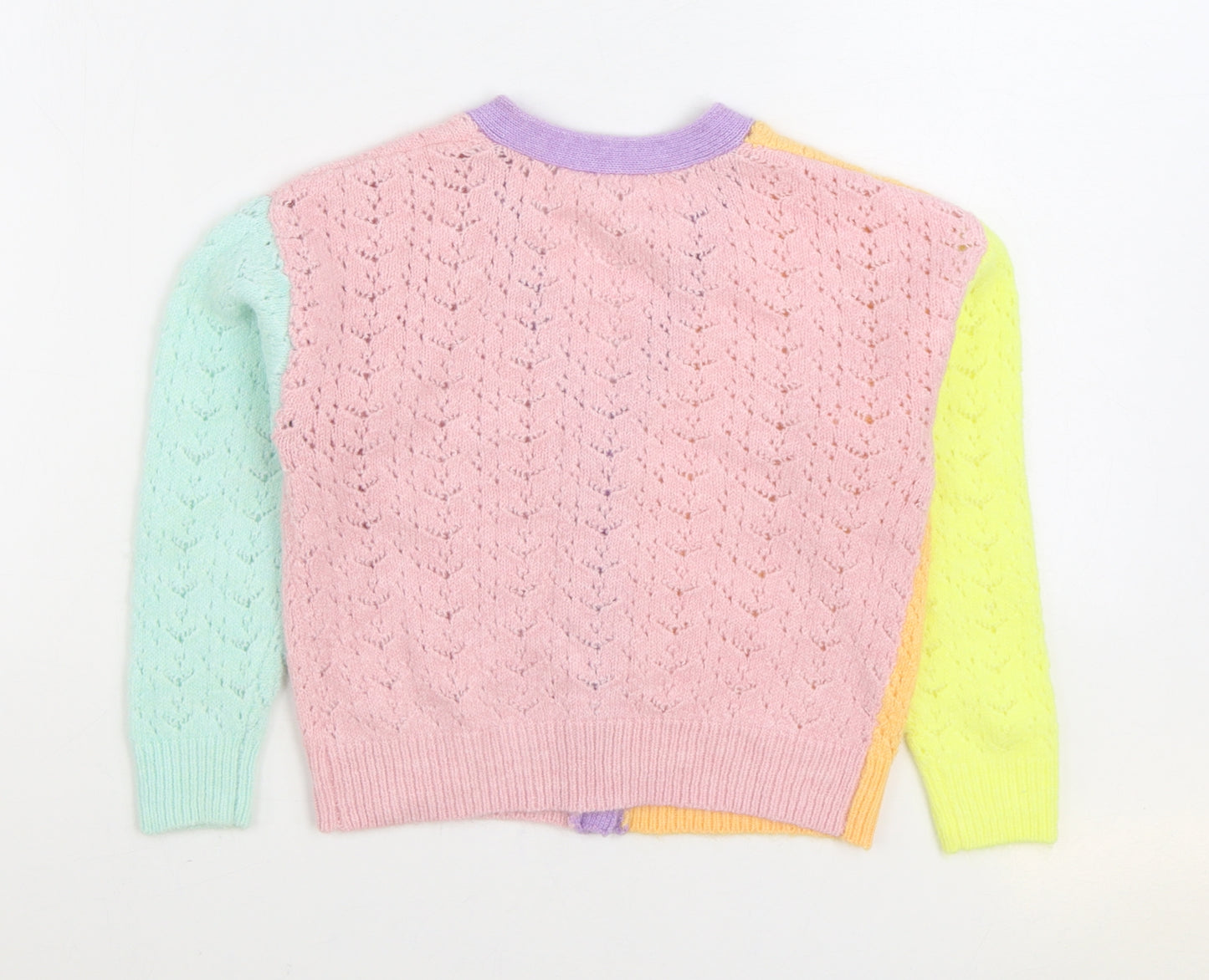 Dunnes Stores Girls Multicoloured V-Neck Colourblock Acrylic Cardigan Jumper Size 7-8 Years Button