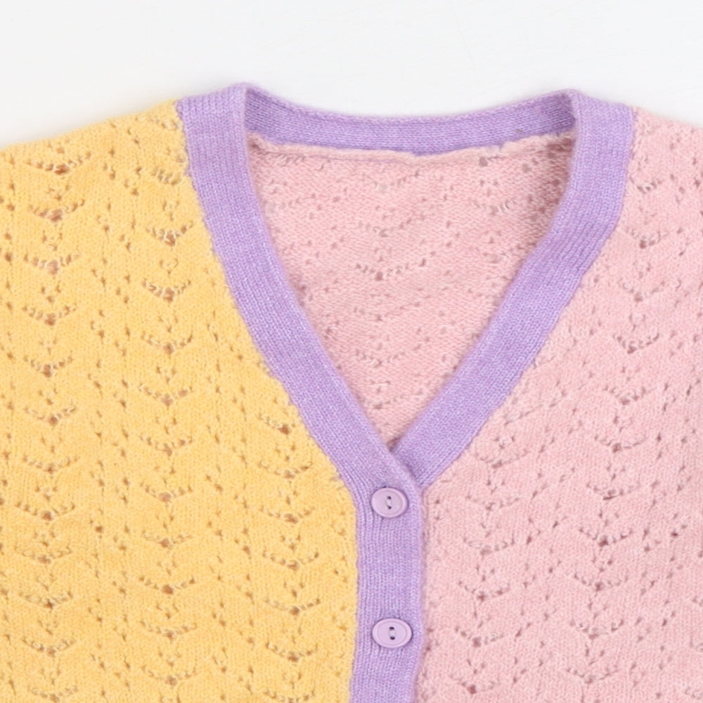 Dunnes Stores Girls Multicoloured V-Neck Colourblock Acrylic Cardigan Jumper Size 7-8 Years Button