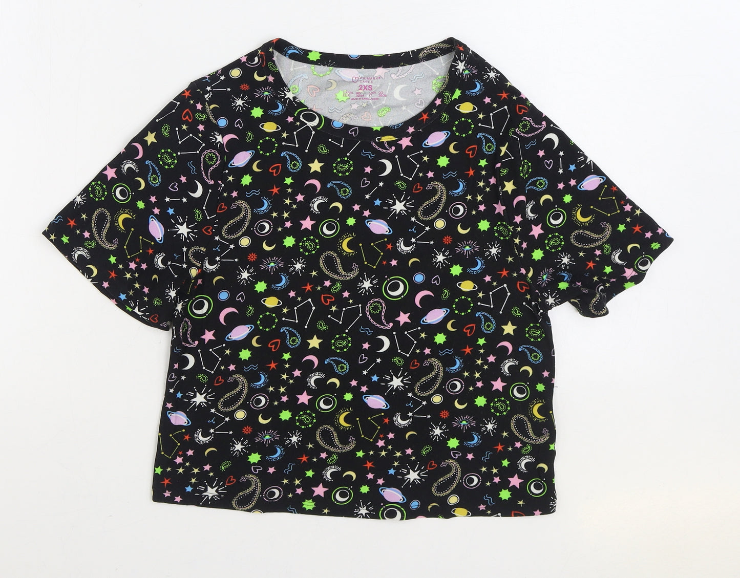 Primark Womens Multicoloured Geometric Polyester Basic T-Shirt Size 2XS Round Neck