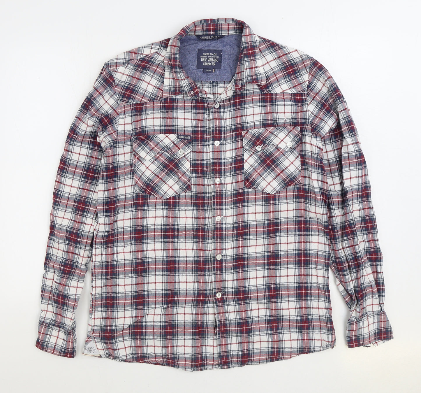 Blue Inc Mens Multicoloured Plaid Cotton Button-Up Size L Collared Button
