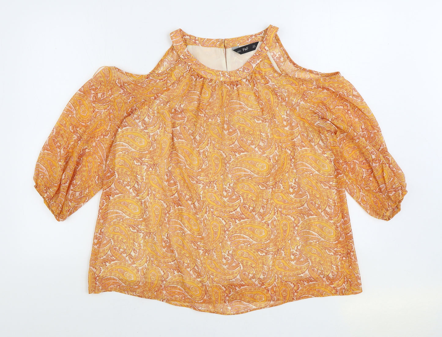 F&F Womens Orange Polyester Basic Blouse Size 14 Round Neck - Cold Shoulder