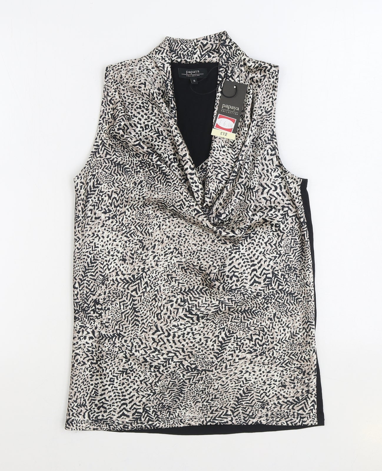 Papaya Womens Black Geometric Polyester Basic Blouse Size 8 Cowl Neck