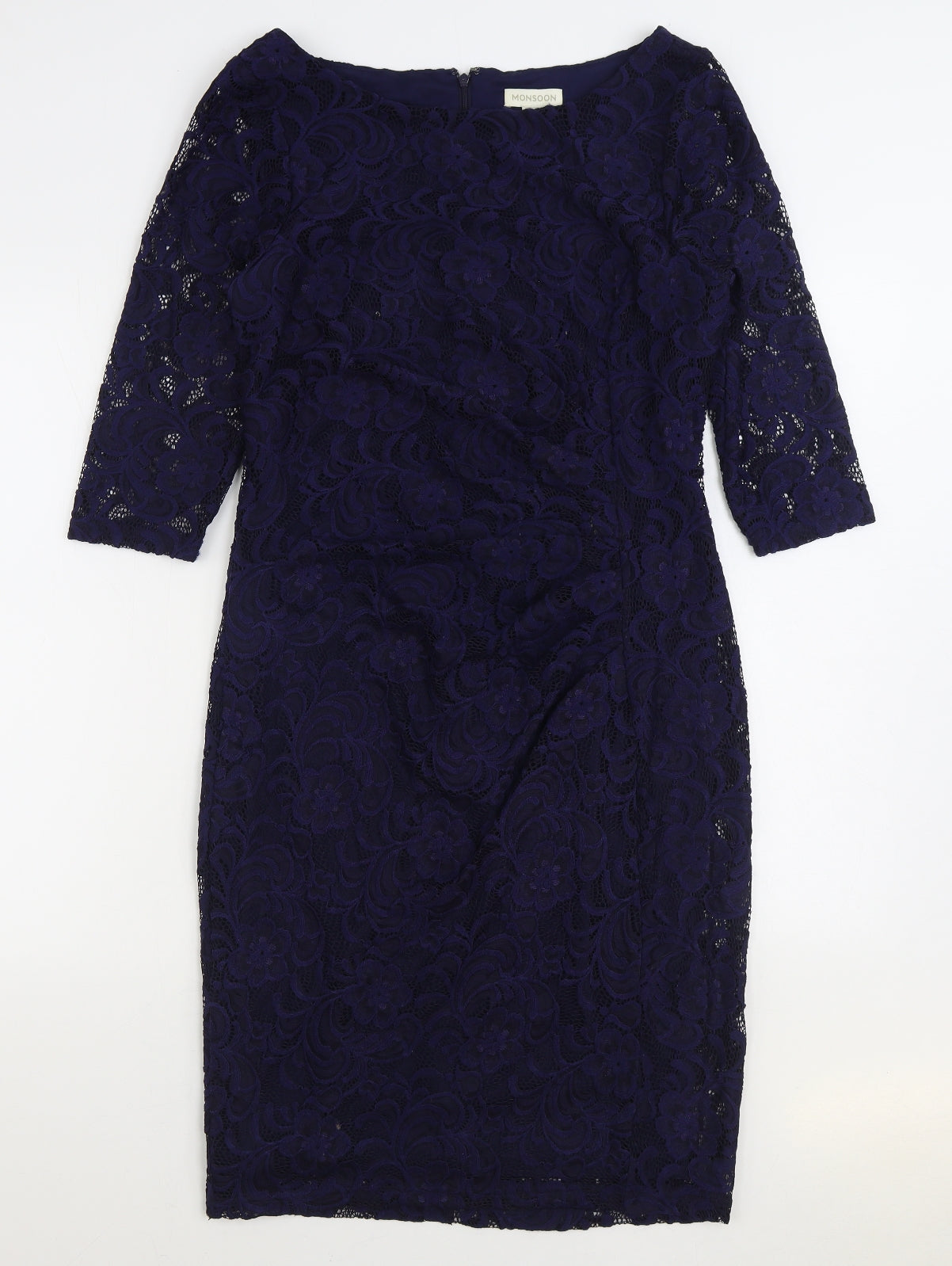 Monsoon Womens Blue Floral Nylon Bodycon Size 14 Boat Neck Zip